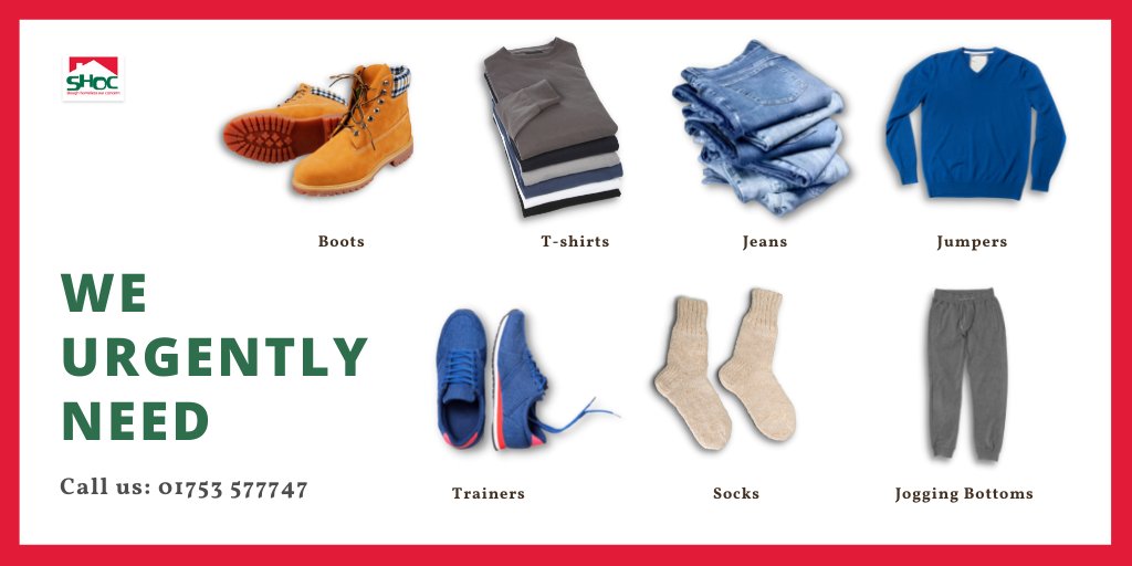 Please help us! We are really short of men's clothes here at SHOC.

We urgently need #clothing: Jeans, T-shirts, jumpers, pants, socks (we get through 100 pairs a week) jogging bottoms, boots. 

Call us: 01753 577 747.
Email: info@weareshoc.org.uk
#charityuk #helphomeless