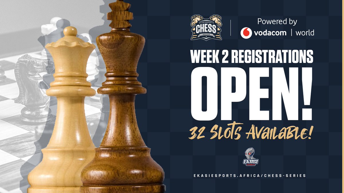 EkasiEsports's tweet photo. Week 2 registrations of the Ekasi Esports #Chess Series Powered by #VodacomWorld are now OPEN!
32 slots available, register now:
https://t.co/8XFSiBOzB8
If you missed week 1:
https://t.co/eUKAvUqZbm
#playpatzer https://t.co/wMIFmOhRPz