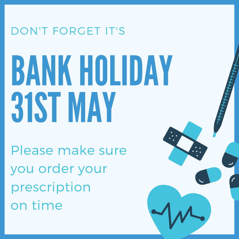 WaterfrontMedic's tweet photo. The practice will be CLOSED on Monday 31st May due to bank holiday.
Please ensure you order your prescription on time. 
Prescriptions take 72 hours for us to process.
If you need your prescription by the weekend, please make sure you request it on time. https://t.co/faOBgSvpqt