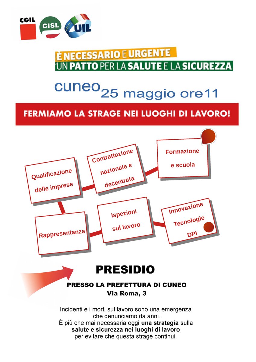 CgilCuneo's tweet photo. MARTEDI 25 MAGGIO ORE 11 
Cuneo Prefettura, Via Roma 3.
Attiviamo una cabina di regia permanente tra governo e parti sociali, per avanzare proposte di strategia comune, contro una emergenza non casuale ma in costante aumento. https://t.co/5JzGf98wnm