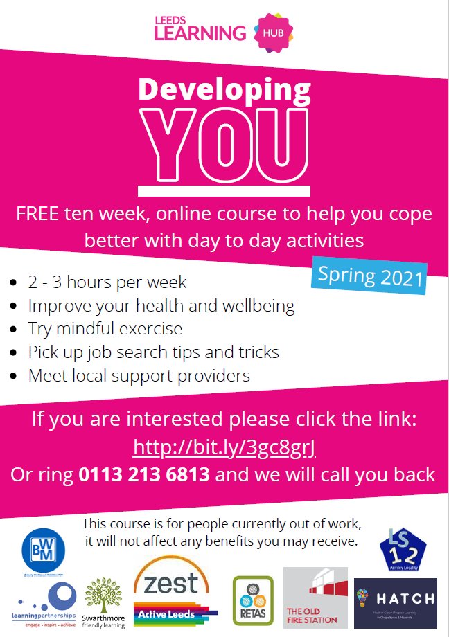 Looking to improve your health & wellbeing and gain new skills? 🙋🙋‍♀️ Developing You is a FREE ten week, online course to help you cope better with day to day activities 👍 If you are interested click here ➡ bit.ly/3gc8grJ or call ☎ 0113 213 6813