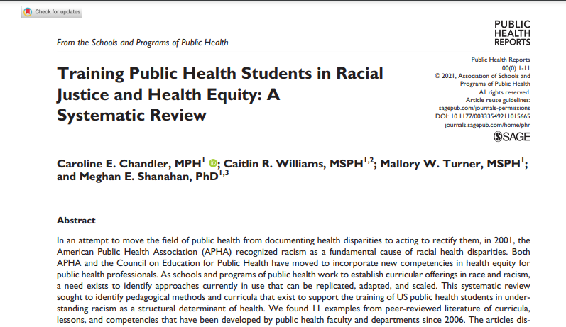 Happy Monday!

New open-access pub at the drop -
Training Public Health Studies in Racial Justice and Health Equity: A Systematic Review

As public health seeks to become #antiracist, we need tools and curricula for teaching the next generation - 🧵

journals.sagepub.com/doi/full/10.11… 

(1)