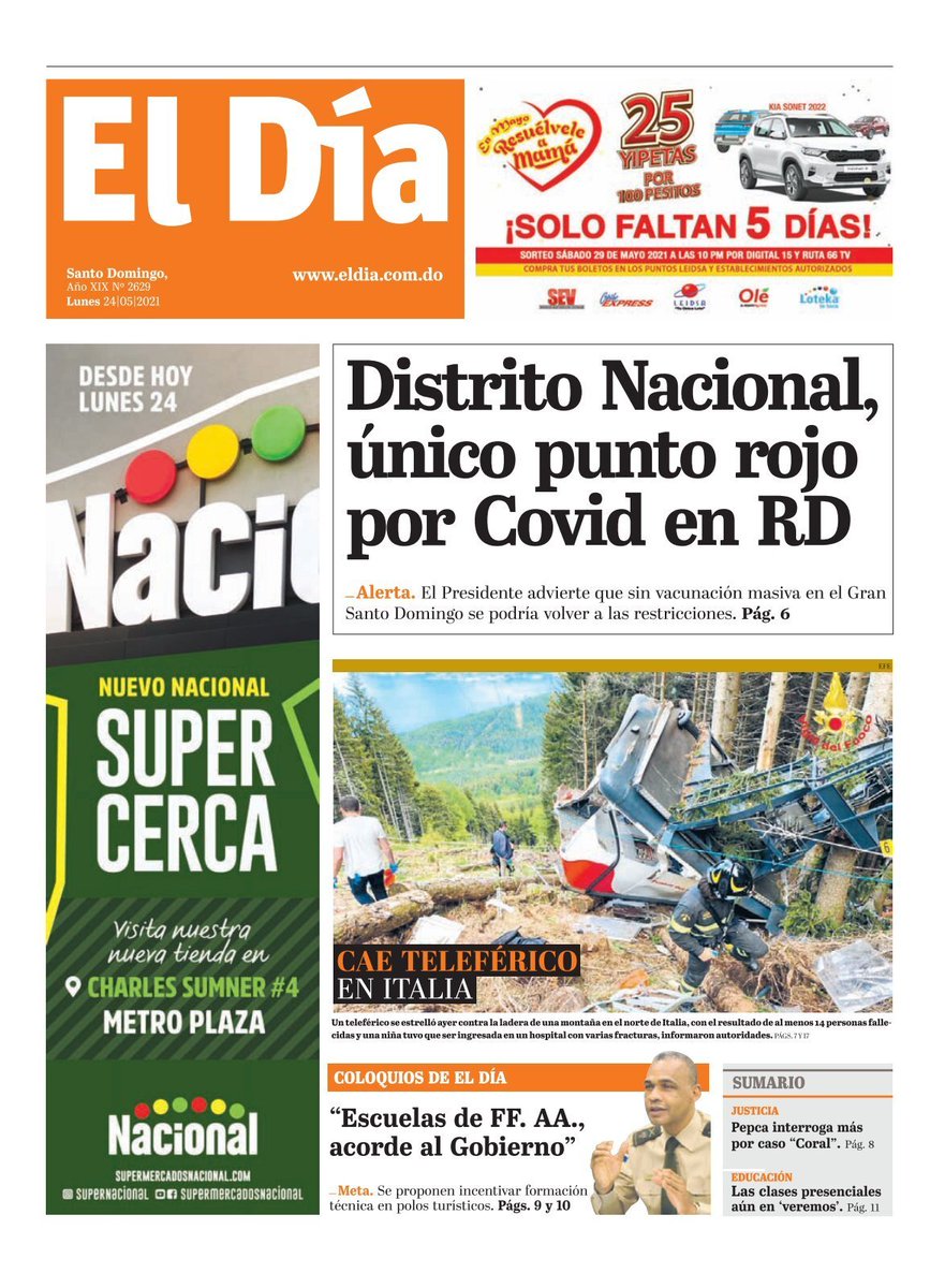 infomedios_rd's tweet photo. Cae teleférico en Italia. @ElDia_do 
#PortadasRD
#FreePress
#MonitoreoDeMedios
#MonitoreoDeNoticias
#PrensaDominicana
#FelizLunes  #FelizLunesATodos https://t.co/8LtBY8TuM3