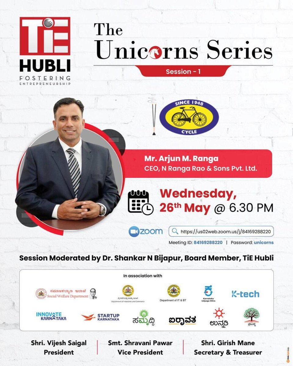 arjunranga's tweet photo. Looking forward to be part of the Unicorn Series by @TiEHubli . Pleas join on 26th May, Wednesday at 6:30 pm, as I share my journey as #Businessleader.  The live will be simulcasted on my FB page. 
https://t.co/TLGUJqlL6h

#TieHubli #UnicornSeries #CyclePure #Candid #LIVE #Join https://t.co/NgAef1Wm4X
