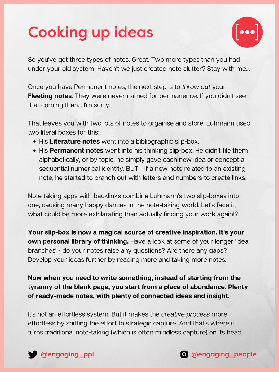 engaging_ppl's tweet image. If you follow the Smart Notes / Zettelkasten methodology, cooking a gourmet meal is easy... as long as you've got good ingredients to work with.
Day 🔟 of #ship30for30