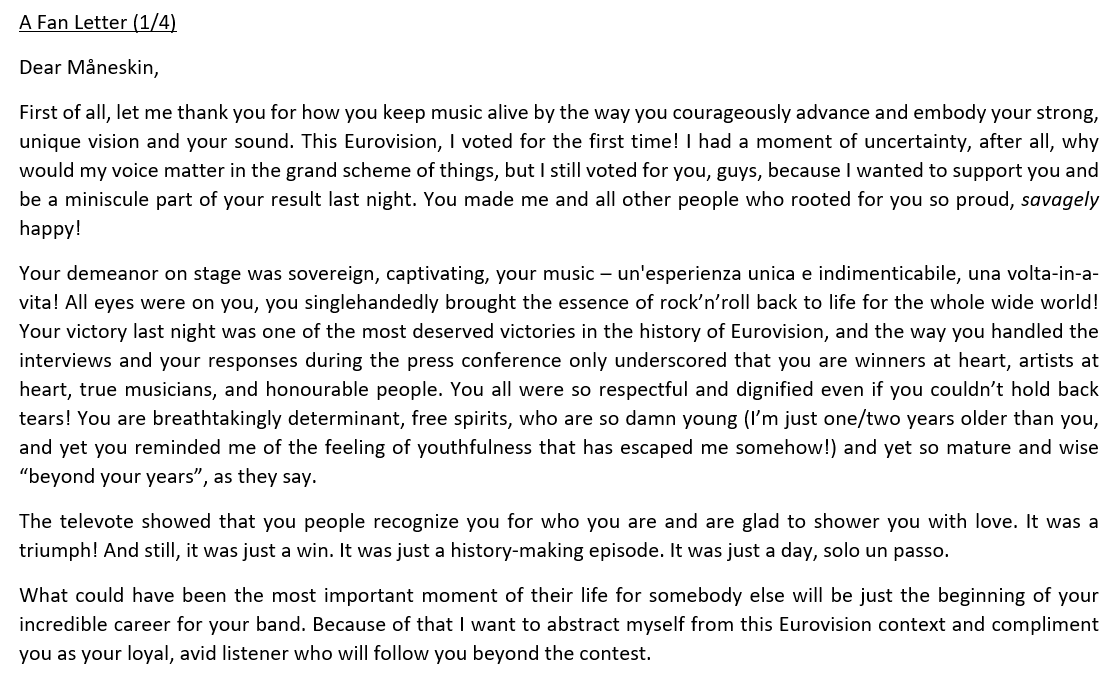 MforMajoress's tweet photo. @thisismaneskin
 Dear Måneskin, as soon as I heard about this fabricated drugs nonsense in the media, I felt the urge to sit myself down to write you a supportive fan letter. I hope that you will find some comfort in the voice of your loyal fan.❤ #maneskin https://t.co/i1xLgK2atB