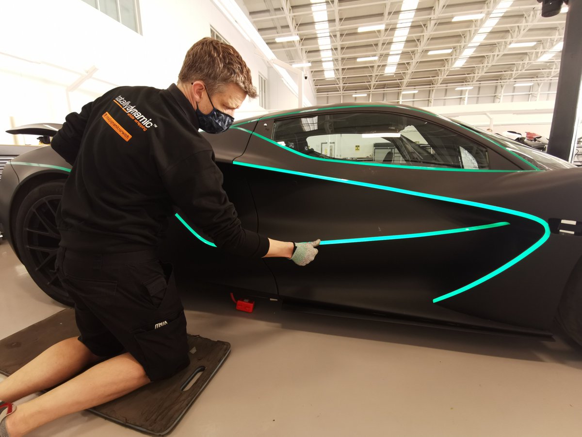 TotallyDynamic's tweet image. A little glimpse behind the scenes as our team in #Norfolk wrapped @lotuscars Evija electric hypercar for the @BBC_TopGear magazine test drive.  A real pinch-me project!

#vehiclewrapping #hypercars #ElectricVehicles #topgear #lotus