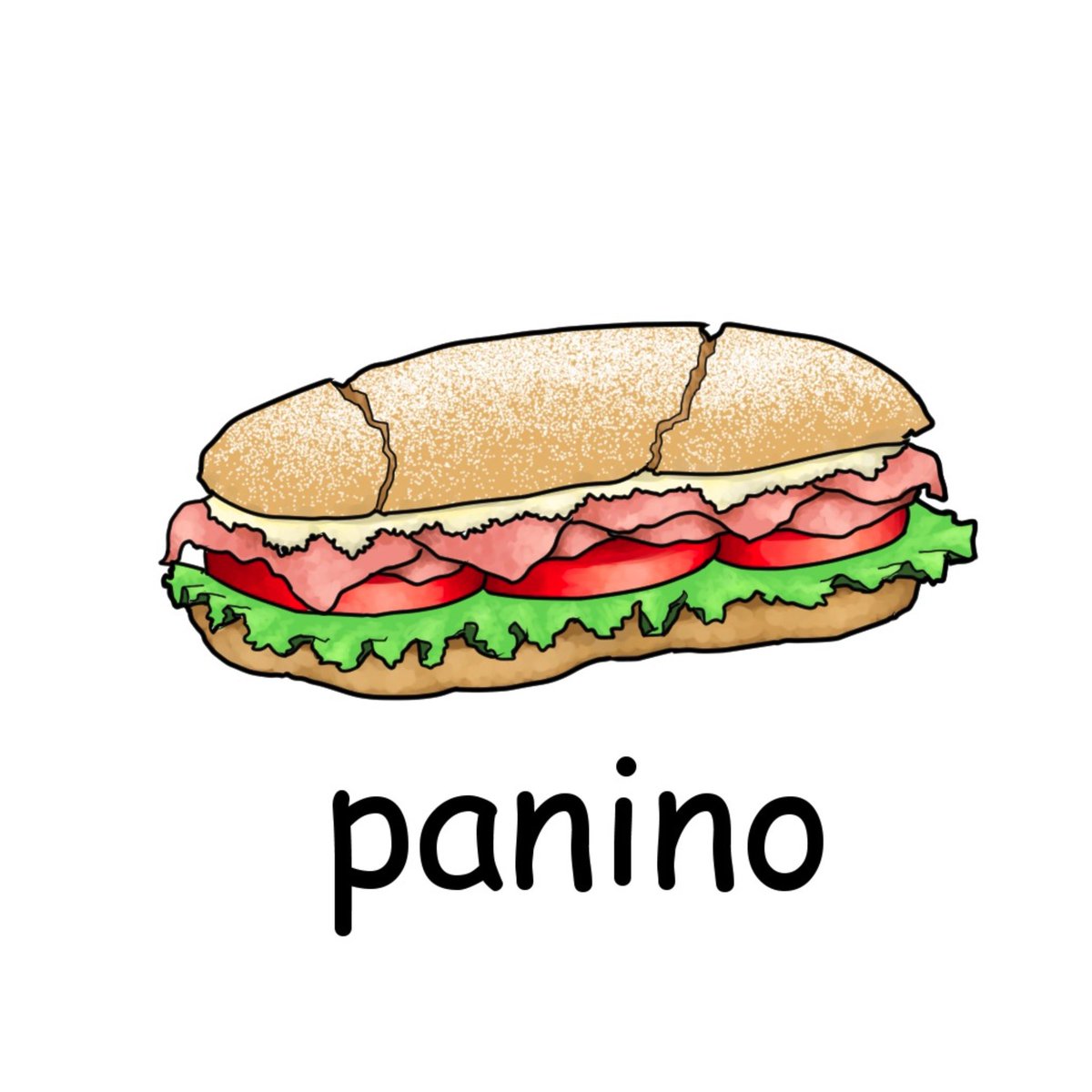 毎日イラストイタリア語 على تويتر パニーノ Panino 二つに切り分けたパンにトマトやハム チーズなど様々な食材を挟んだイタリア料理です Pane パン Ino 縮小辞 で小さなパンという意味の名前になっています イラスト イタリア語