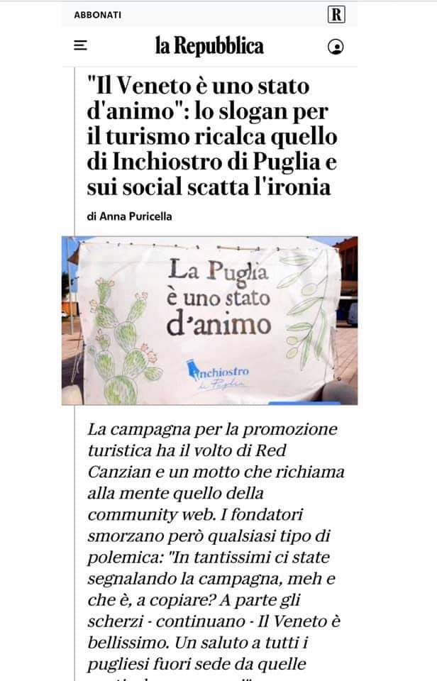mov24agosto's tweet photo. "Il Veneto è uno stato d'animo" ma la Puglia l'ha detto prima Veneto punta per l'estate su un'espressione che per i pugliesi è il motto utilizzato da anni da Inchiostro di Puglia, community web che conta 400mila like su Facebook e 183mila su Instagram
https://t.co/prg3W8hXbn https://t.co/0JYE69xIvj