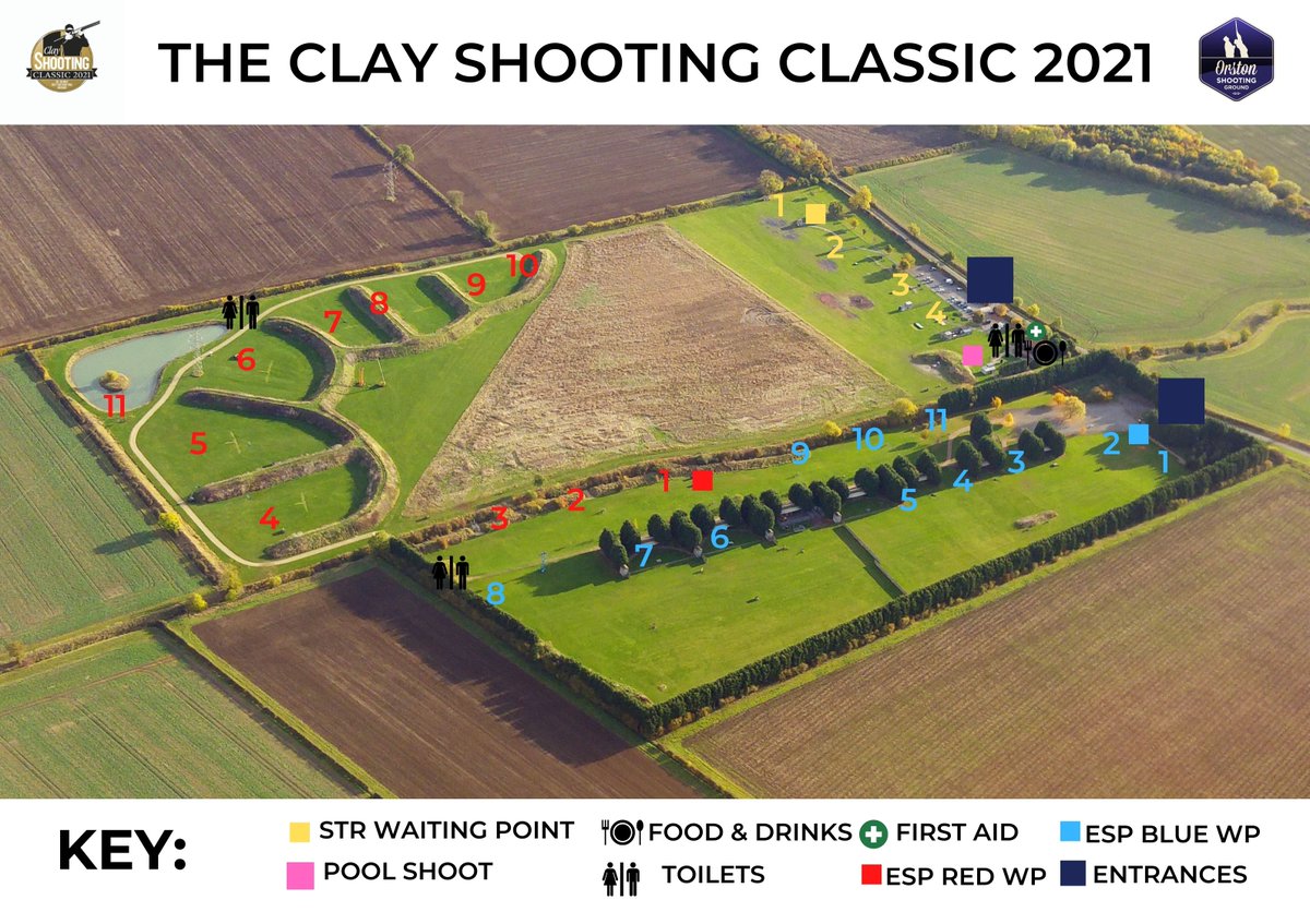 The Clay Shooting Magazine's Classic Map! 
Running 28th - 30th May 2021. 
Our map below shows the position of the 2 courses on ESP - red &amp; blue and the STR layouts (marked in yellow). 
Last few spaces remain - bookings via the below link: 
…mpetitionandeventsschedule.orston.com