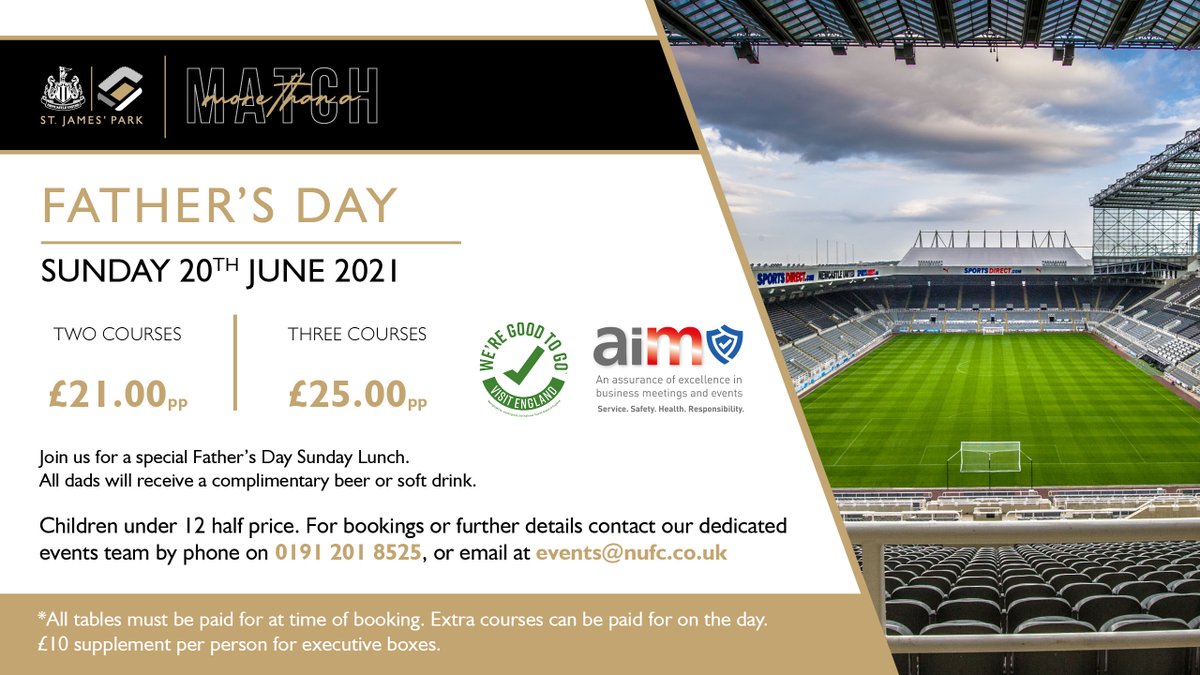 👨‍👧‍👦 Join us at St. James' Park on Sunday, 20th June for a special Father's Day Sunday lunch! 🍻 All dads will receive a complimentary beer or soft drink. 𝐅𝐨𝐫 𝐛𝐨𝐨𝐤𝐢𝐧𝐠𝐬 📧 events@nufc.co.uk 📞 0191 201 8525