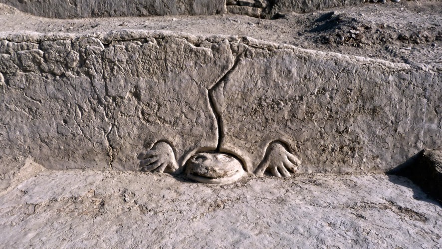 Para los limeños es muy raro ver tormentas eléctricas como la de esta mañana. Y debió serlo también para sus antepasados, que modelaron la cabeza de este sapo, "partido" por un rayo, modelado sobre un muro junto al mar de Végueta (Huacho) hace 3800 años. #TormentaElectrica