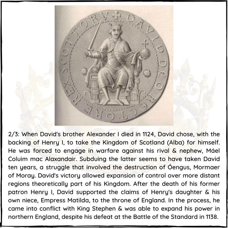BritishHistorym's tweet photo. #otd 24 May 1153 – King David I of Scotland died (b. 1083)

David I was a 12th-century ruler who was Prince of the Cumbrians from 1113 to 1124 &amp; later King of Scotland from 1124 to 1153. 

#davidI #kingofscots #KingofScotland #KingDavidI #royalhistory https://t.co/rUexBjaQLU
