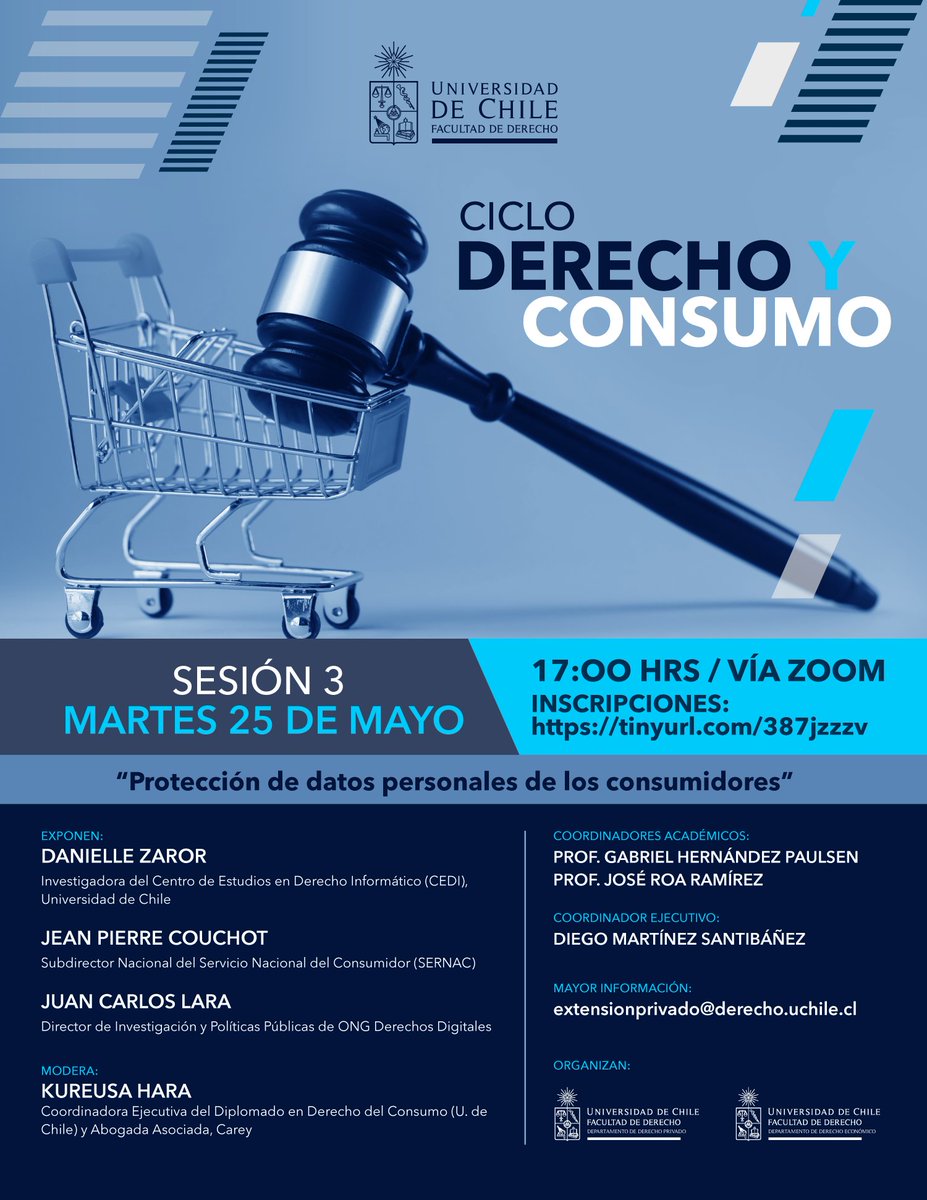 #Agenda | Ciclo "Derecho y consumo" - Sesión 3: Protección de datos personales de los consumidores | Con Danielle Zaror, Jean Pierre Couchot y Juan Carlos Lara. Modera: Kureusa Hara | Martes 25 de Mayo a las 17:00 Hrs. | Revisa los detalles aquí 👉uchile.cl/d175901