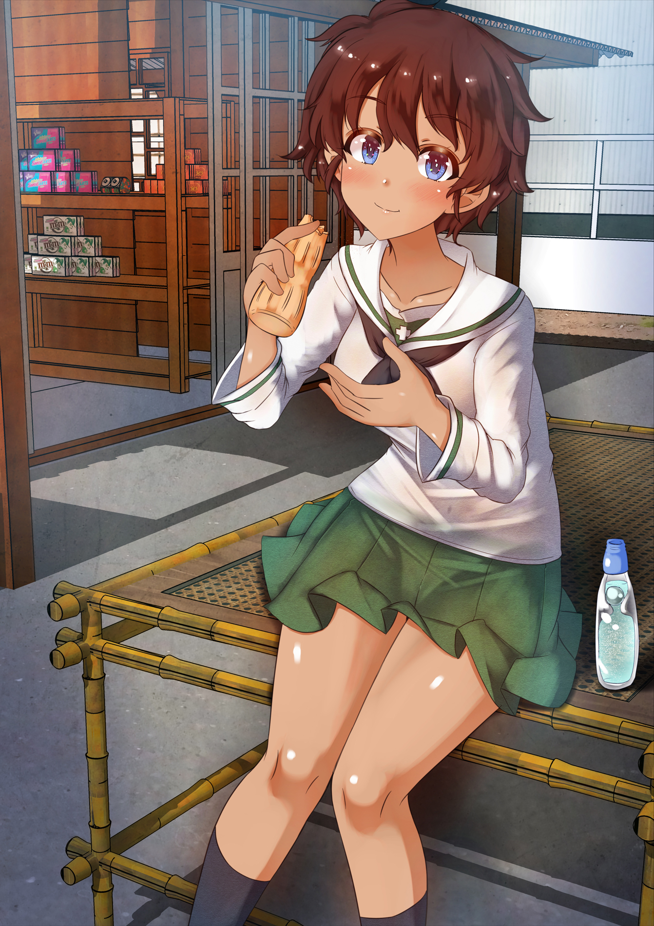 メガでこ 一日一ガルパン お題 スズキ 駄菓子が似合う自動車部シリーズの三つ目 ビンラムネを食べる鈴木真莉阿 いつもラムネを描いていましたから 今回はちょっとした変化を与えてビンラムネとラムネです ガルパン Garupan Gup T Co