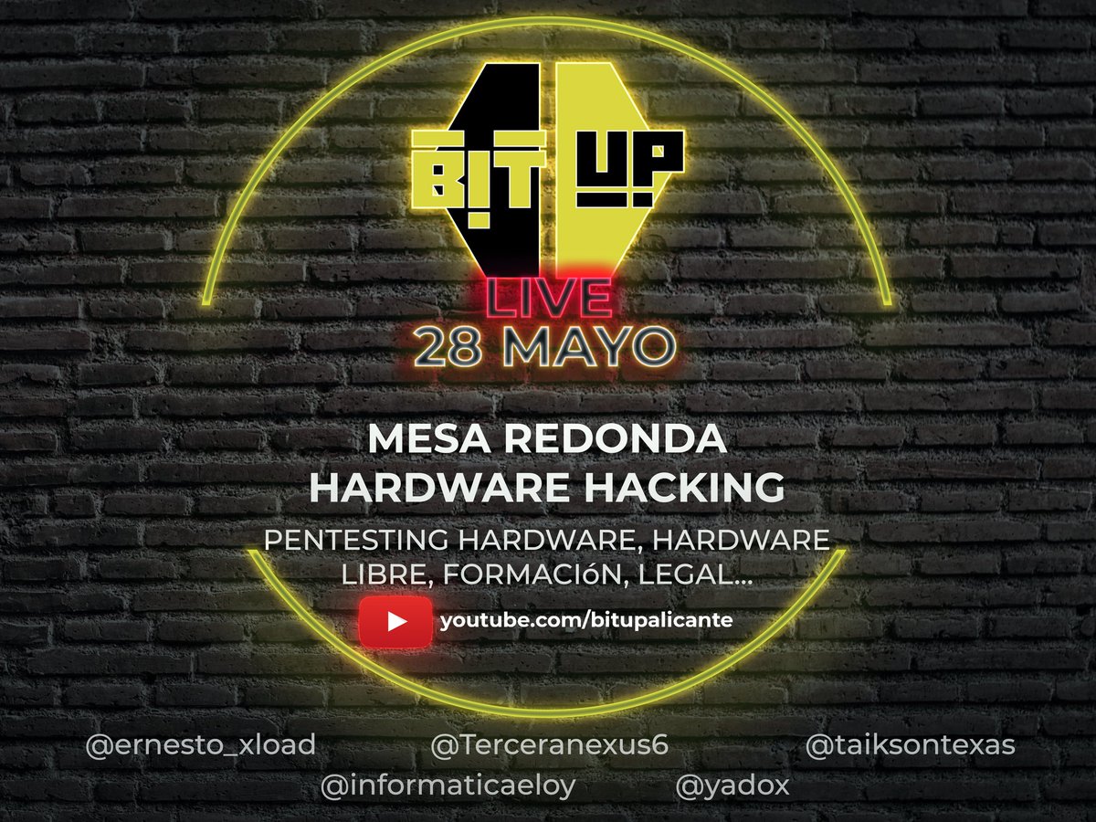 bitupalicante's tweet image. Para ir calentando motores para #Bitup2021... Mesa redonda "Hardware Hacking" 28 de Mayo a las 19h en nuestro canal de Youtube: youtube.com/bitupalicante
Participarán: @ernesto_xload @Terceranexus6 @TaiksonTexas @informaticaeloy @yadox Muchas gracias a tod@s! & #HappyHacking