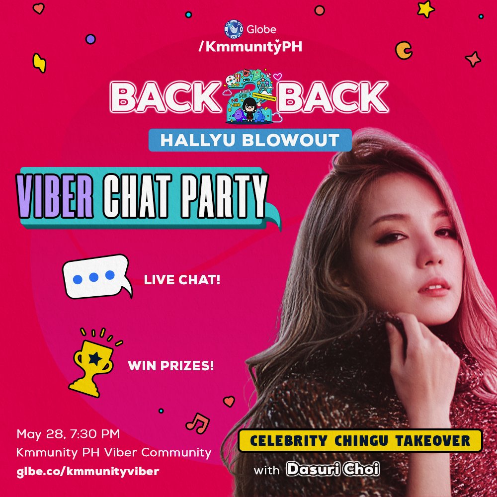 KmmunityPH's tweet photo. Our celebration is just getting started, K'tizens✨

Join Dasuri Choi on our #KmmunityPH Viber Chat Party this May 28 and gush about everything and anything Hallyu! Get ready to win prizes too while you're at it 🤩

Be a member now 👉 https://t.co/w9OfPzxpnS #KmmunityHwaiting https://t.co/VyQLMdOUBN