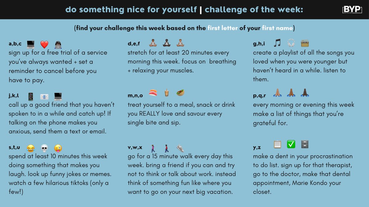 BYPNetworkApp's tweet photo. It’s Monday again— so, do something nice for yourself 💛
We present to you #BYPChallenge of the week! (reply w/ what you got!) https://t.co/CIw4uW3q75