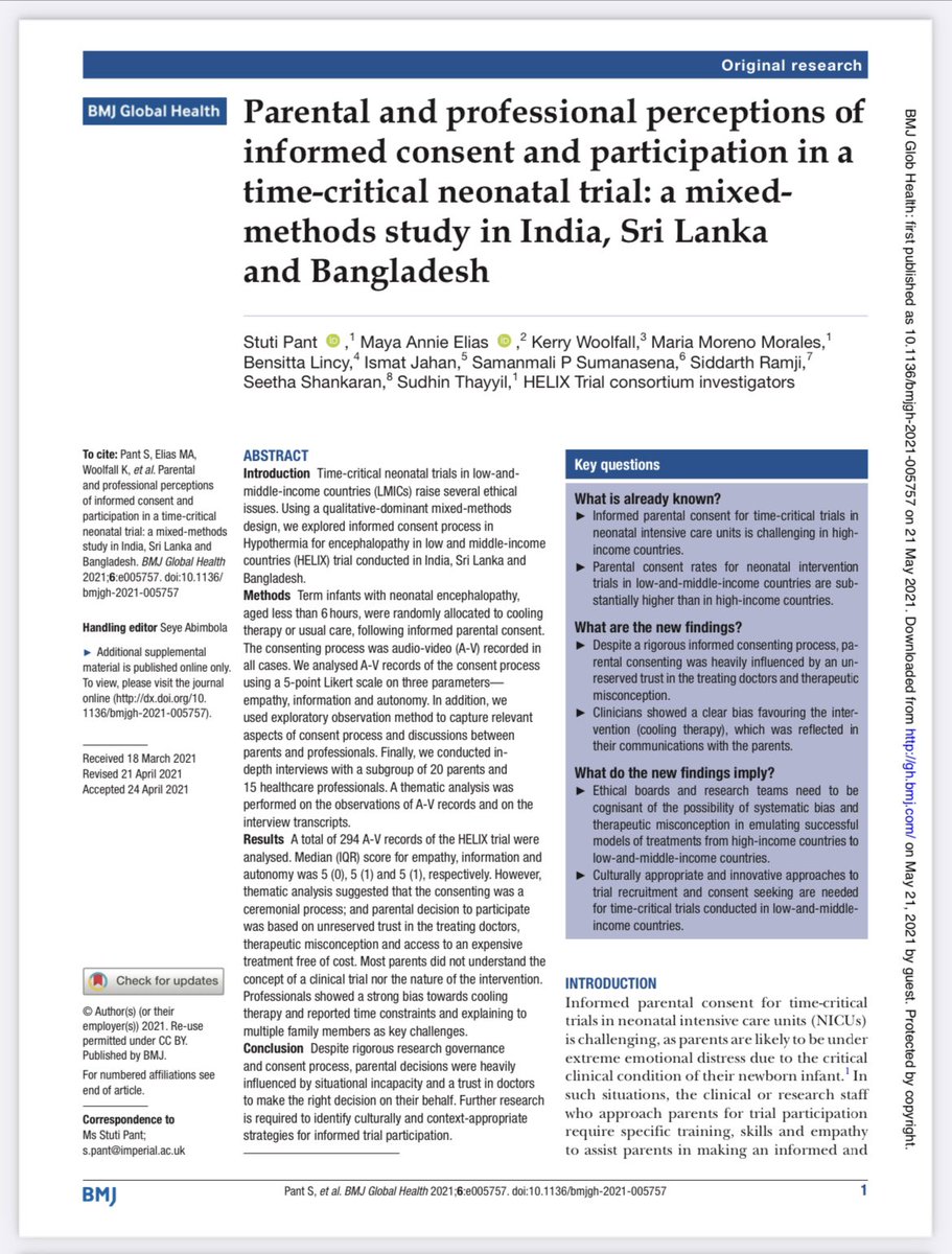 Our new paper published in <a href="/GlobalHealthBMJ/">BMJ Global Health</a> explores the informed consenting process in a #neonatal #timecritical trial in #LMICs found that #parentaldecisions were heavily influenced by situational incapacity and a trust in doctors to make the right decision on their behalf