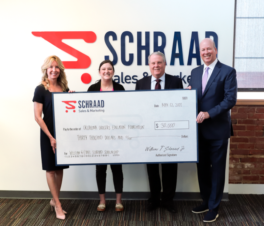 TeamSchraad's tweet photo. @TeamSchraad CEO Bill Schraad Jr &amp; CFO Nancy Schraad recently presented a $30K check to Ron Edgmon &amp; Cassidy Smith of the @OkGrocers Edu Foundation in honor of Bill Schraad Sr, founder of Schraad. The check will endow 2 annual scholarships avail. to children &amp; assoc. of the OGA. https://t.co/K2gm458qHz