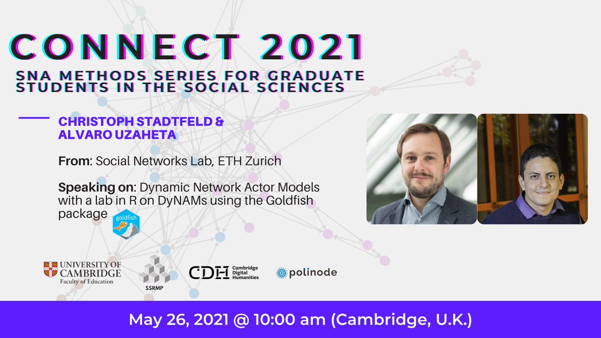 SnaConnect's tweet image. Very excited to welcome @c_stadtfeld and @auzaheta from @sn_ethz to CONNECT 2021 this Wednesday, May 26 for a lecture and lab on Dynamic Network Actor Models!

#SNA #RStudio #Networks2021