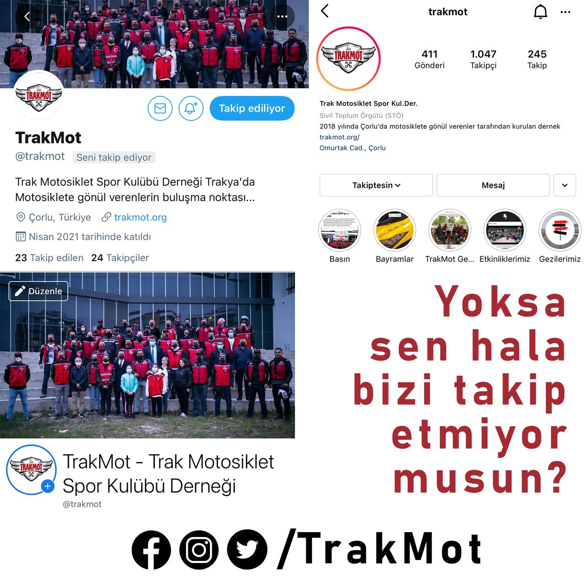 📌 Yoksa sen hala bizi takip etmiyor musun? 👆 
👉 TrakMot Facebook, Twitter ve Instagramda...
. 
#trakmot #trakmotheryerde #bizitakipedin #bizitakipetmeyiunutmayın #çorlu #çerkezköy #tekirdağ #lüleburgaz #edirne #kırklareli #trakya #motosiklet #motosiklethayranlari