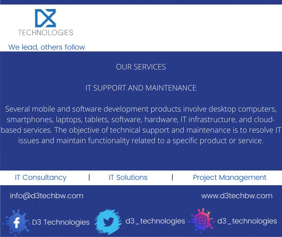 d3_technologies's tweet image. Good Morning Botswana, For enquiries on IT Support, Outsourced technical support and maintenance deals with services to a third-party vendor or offshore company that assists the hiring party of seeking electronic services or creating software development products.