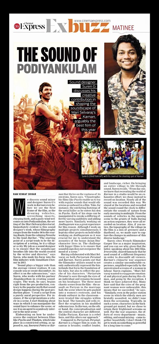 Suren (@valentino_suren) on Twitter photo Thanks <a href="/NewIndianXpress/">The New Indian Express</a> featuring me for our recent work #Karnan
Shared about the minute aspects of #SoundDesign and #SoundMix from the film.
Great time working with my favs ♥️♥️ <a href="/mari_selvaraj/">Mari Selvaraj</a> <a href="/Music_Santhosh/">Santhosh Narayanan</a>
#KarnanSoundTeam #Studiolife #Chennaicityexpress Thanks <a href="/NewIndianXpress/">The New Indian Express</a> featuring me for our recent work #Karnan
Shared about the minute aspects of #SoundDesign and #SoundMix from the film.
Great time working with my favs ♥️♥️ <a href="/mari_selvaraj/">Mari Selvaraj</a> <a href="/Music_Santhosh/">Santhosh Narayanan</a>
#KarnanSoundTeam #Studiolife #Chennaicityexpress