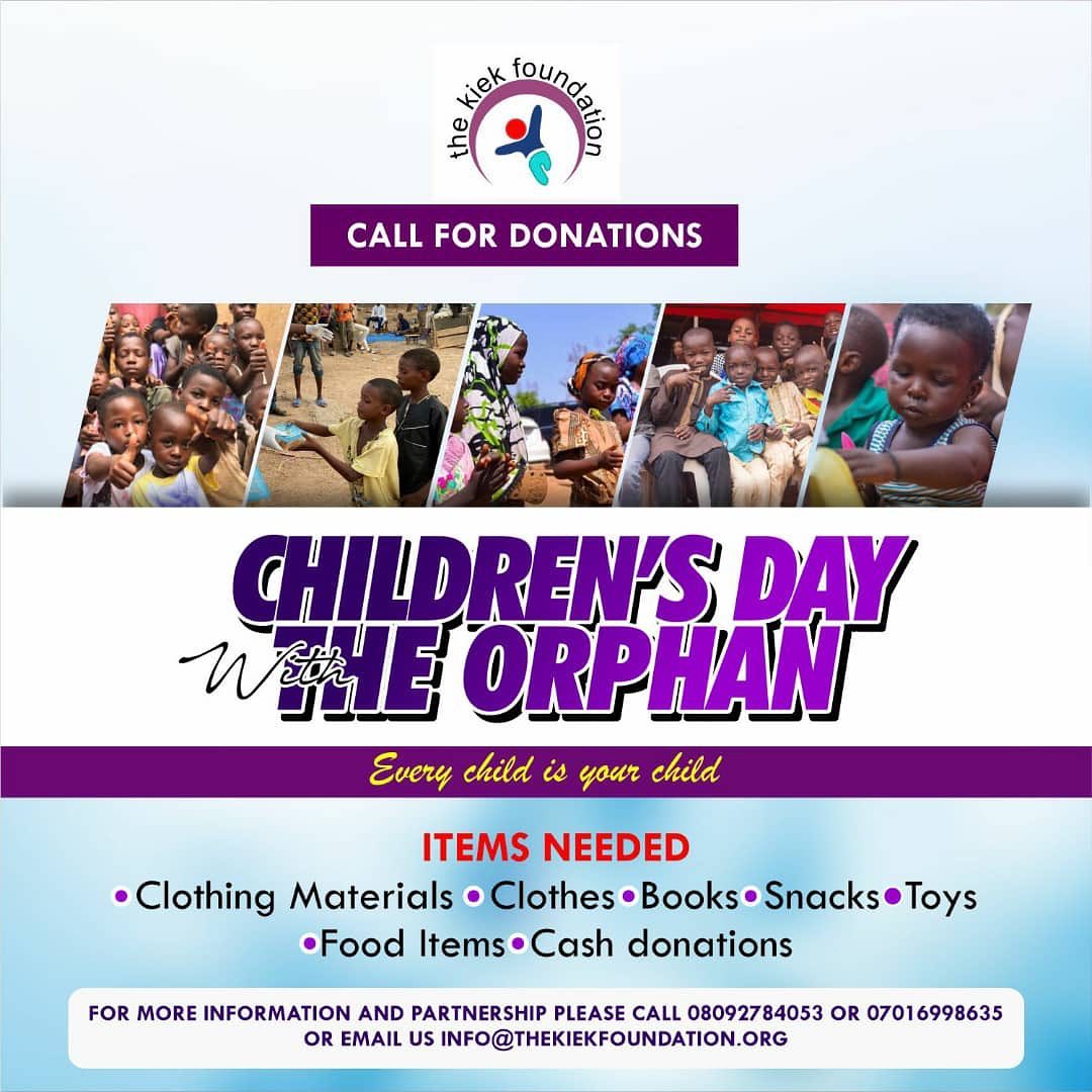 KiekThe's tweet photo. Join us as we celebrate this year's children’s day with the orphans and indigent children.
Venue: Honor ground Orphanage Home,  Auta Lafia , Nasarawa State
Time: 10:00am
Your donations will go a long way in making these children enjoy their day. 
#childrensday #may27 #ngoinabuja https://t.co/tIca0lC8qH