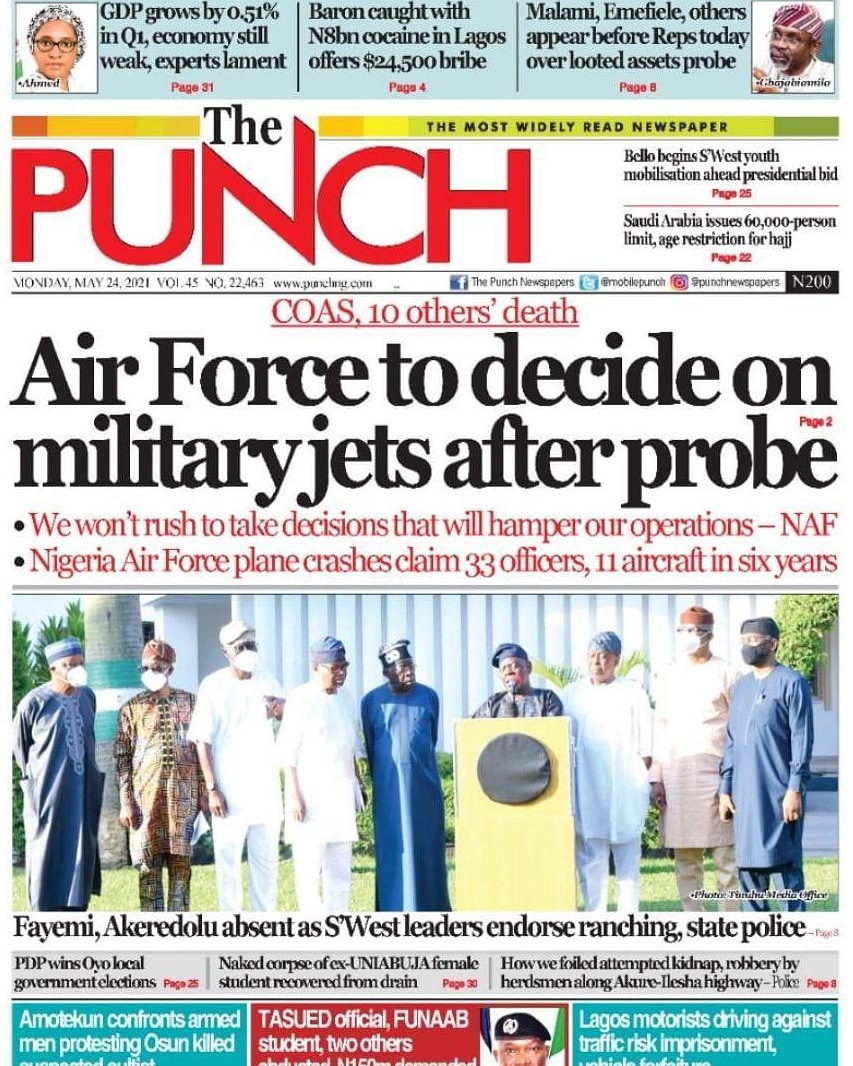 NaijaP2's tweet photo. Today's The PUNCH front page, 24, May, 2021. https://t.co/nKT9oaxRFt