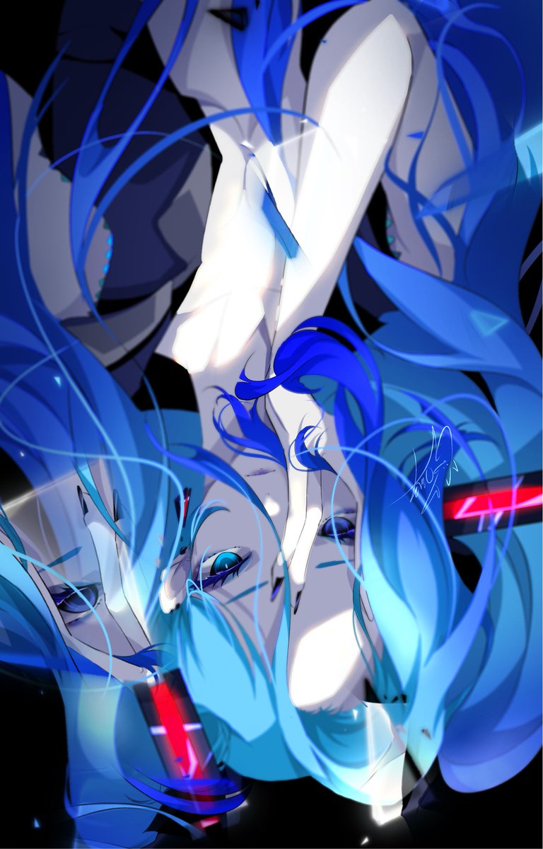 hatsune miku 1girl solo long hair blue hair blue eyes black background looking at viewer  illustration images