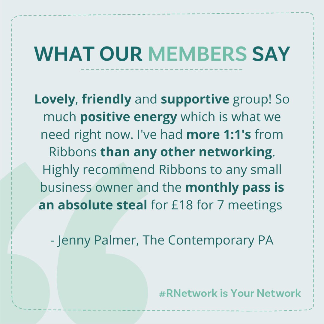 Receiving feedback like this never fails to put a smile on my face! I love the community we are building.

Click the link below for details for our LAST Monthly Pass before returning to face to face meetings! 🤯🎉

ribbons-network.com/meetings-dorse…

#Dorset #businessgrowth #networking