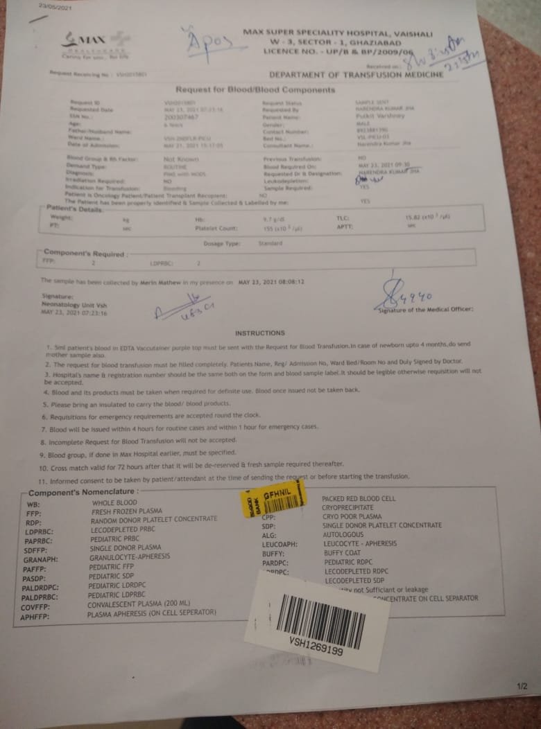 IndiaYours's tweet photo. #SOSDelhi 
Date: 24th May
Place: Ghaziabad
Name of the Patient: Pulkit Varshney
Age- 6 year
Blood Group: any
No. of units Required: 4
Hospital Name: Max hospital Vaishali Ghaziabad
Cause of Requirement: Blood deficiency
Attendants Name: Vinay Varshney(father)
Cont... https://t.co/pJ9LZ0rigD