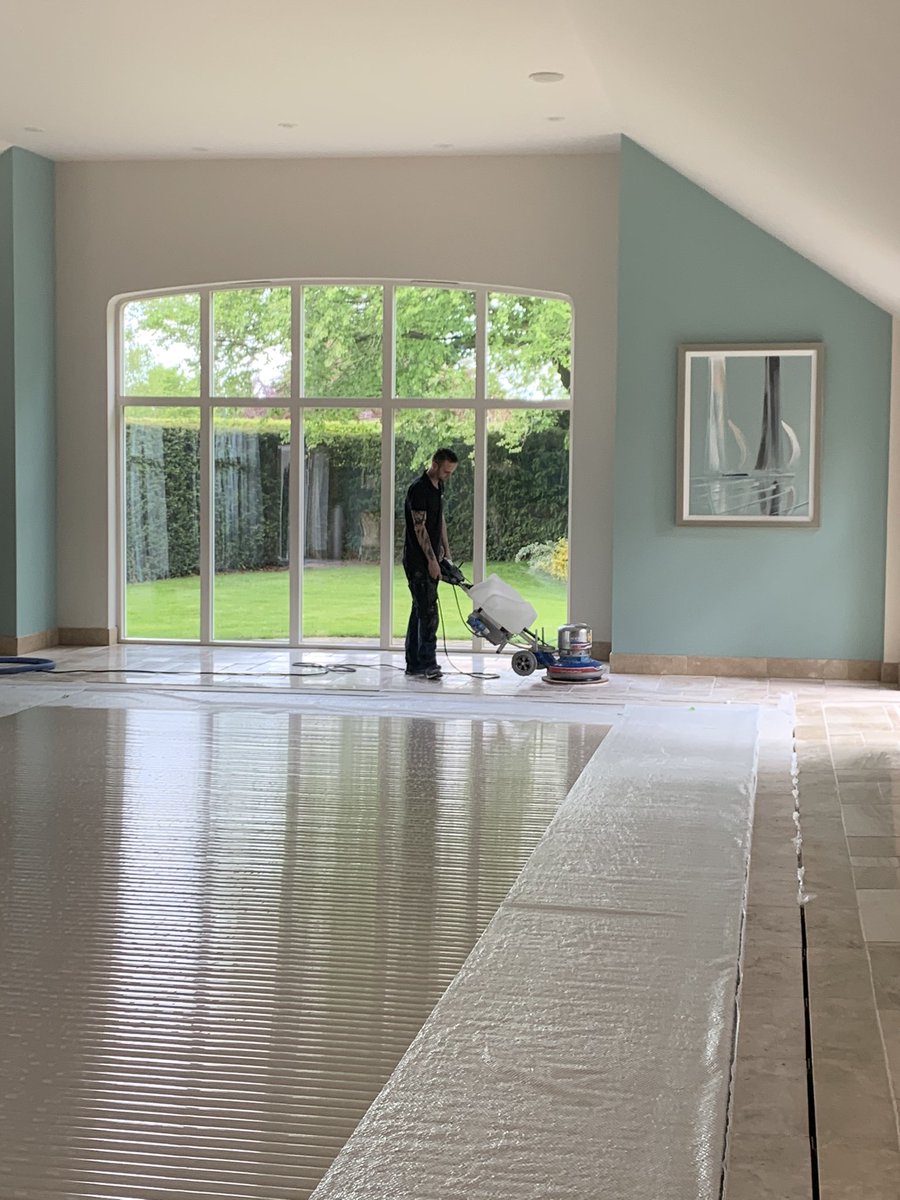 HemmingsRestore's tweet photo. We are all set up for the week of honing and polishing the pool area, corridors, changing rooms and kitchen.  

#polishing #tiles #pool #clean #shine #retford #hypergrinder #bimack #floors #stone #limestone #travertine #flooring https://t.co/MX65GolE88