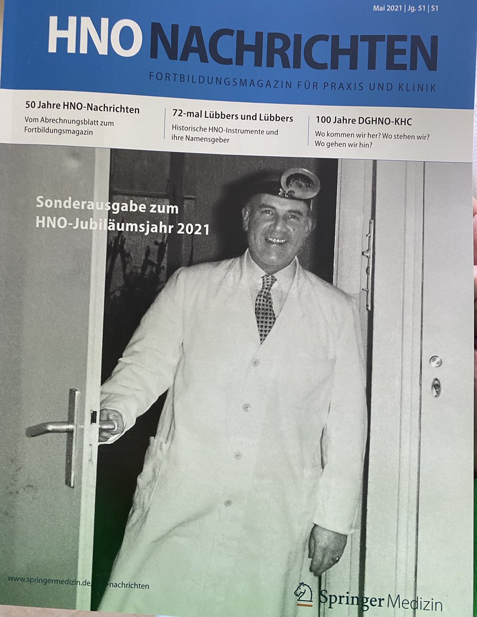drluebbers's tweet photo. Welch große Ehre. Zum 100jährigen Bestehen der Deutschen Gesellschaft für Hals-Nasen-Ohrenheilkunde sind alle 72 medizin-historischen Artikel meines Vaters und mir als Sonderheft veröffentlicht worden. Und der liebe HNO-Arzt auf dem Cover ist mein Opa. ;) Danke, @SpringerMedizin! https://t.co/0DbxDXMLJY