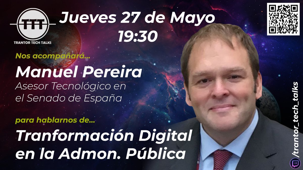 trantortalks's tweet photo. 🏦¡¡Esta semana nos metemos en el Senado!!

Y charlaremos sobre #TransformaciónDigital en la Administración Pública, con Manuel Pereira (@truesaeta), Asesor Tecnológico en el Gabinete del Secretario General en @Senadoesp

🗓️Jueves 27 19:30 en Twitch:
https://t.co/adZFGl9GaZ https://t.co/m5nP2hu2n8