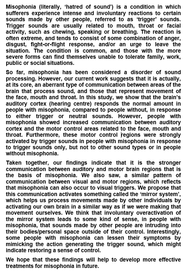Sukhbinder Kumar (@skumar_ncl) on Twitter photo Simplified explanation of the findings in our recent work on misophonia jneurosci.org/content/early/…
<a href="/MercedeE82/">Mercede Erfanian</a> <a href="/AuditoryGroup/">Auditory Cognition Group</a> <a href="/BrainLad/">Meher Lad</a> <a href="/UniofNewcastle/">Newcastle University</a> <a href="/NeuroNCL/">NCL Neuroscience</a> @NCL_medresearch <a href="/MilkenInstitute/">Milken Institute</a> Simplified explanation of the findings in our recent work on misophonia jneurosci.org/content/early/…
<a href="/MercedeE82/">Mercede Erfanian</a> <a href="/AuditoryGroup/">Auditory Cognition Group</a> <a href="/BrainLad/">Meher Lad</a> <a href="/UniofNewcastle/">Newcastle University</a> <a href="/NeuroNCL/">NCL Neuroscience</a> @NCL_medresearch <a href="/MilkenInstitute/">Milken Institute</a>