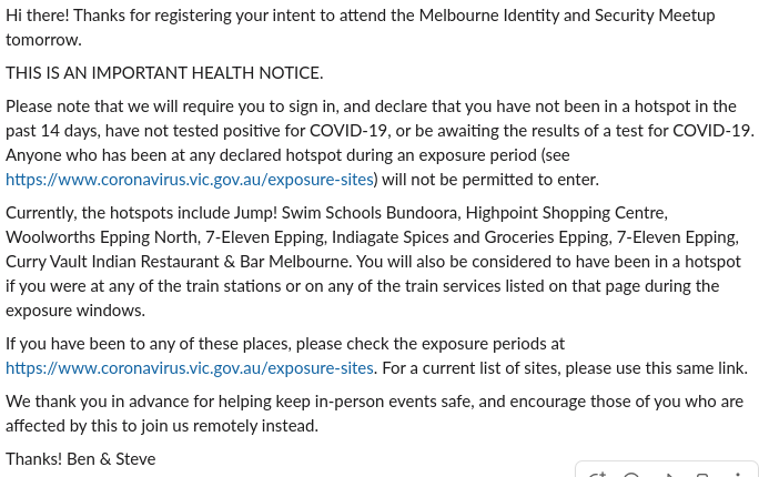 ISM_Melbourne's tweet photo. Please help us keep in-person meetups safe. ISMs are fully hybrid, and we look forward to welcoming anyone who finds themselves in isolation to join us remotely tomorrow. https://t.co/e4bN8Whi0f