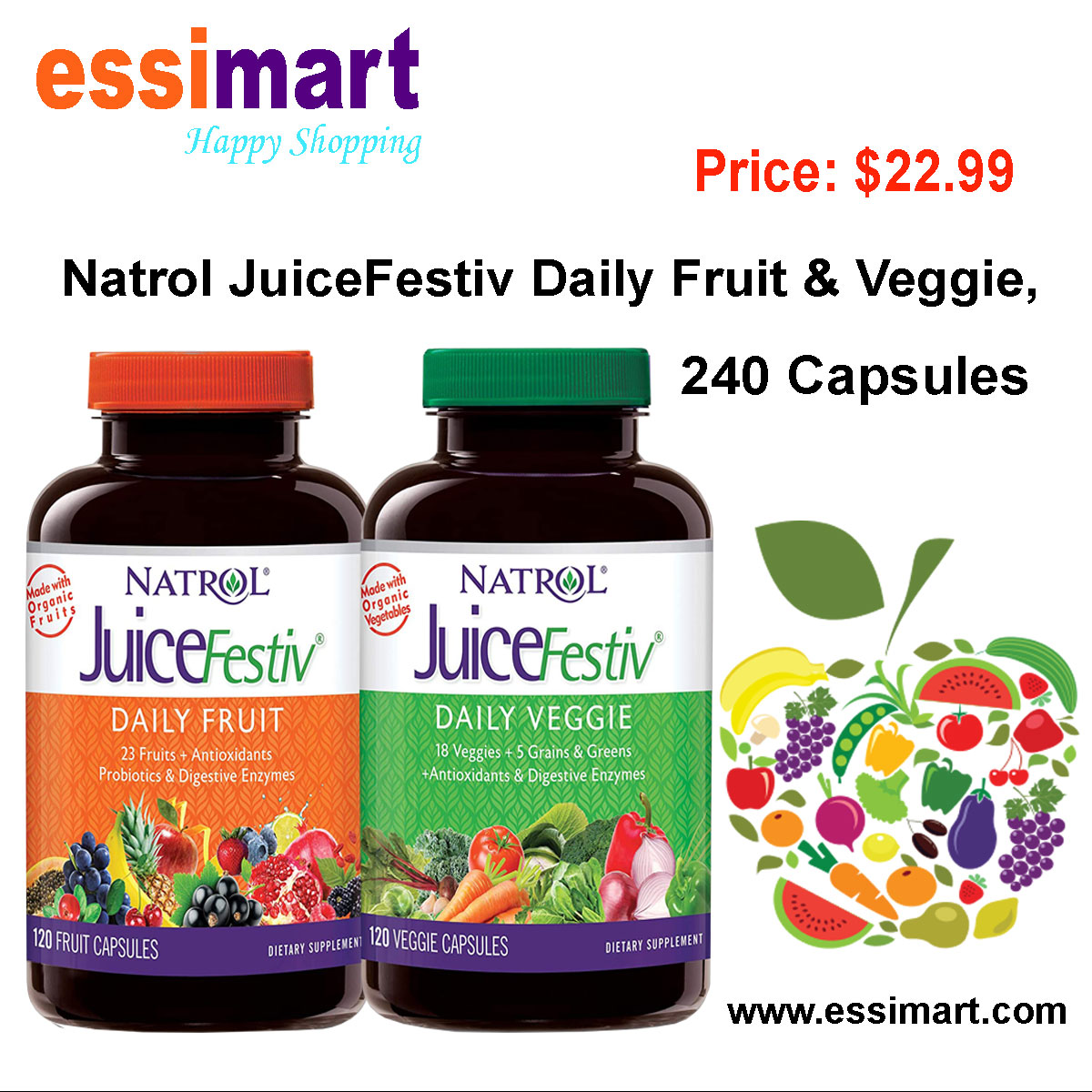 essimart's tweet image. Natrol JuiceFestiv Daily Fruit &amp;amp; Veggie, 240 Capsules
Price: $22.99
Details: essimart.com
Features:
120 FruitFestiv® Capsules and 120 VeggieFestiv® Capsules
Contains 23 Fruits, 18 Vegetables and 5 Grains &amp;amp; Greens
Includes Probiotics and Digestive Enzymes