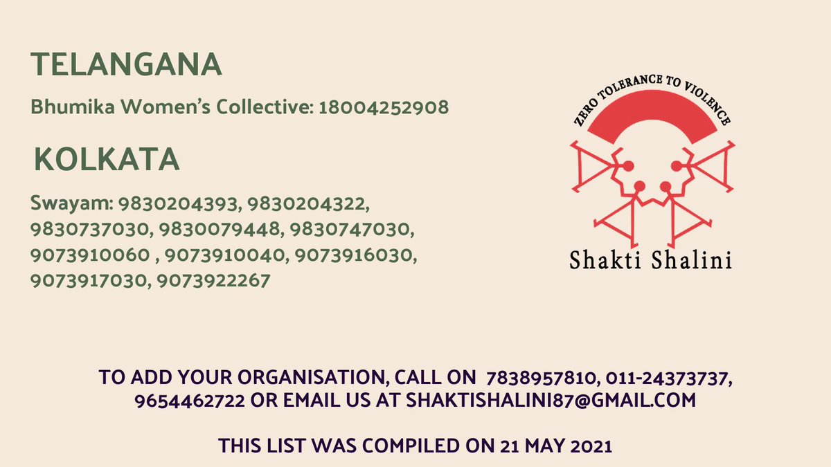 ShaktiShalini87's tweet photo. Pan-India list of helplines for domestic violence operational in the second wave of COVID-19: Compiled and verified by Shakti Shalini.

Do reach out and share!

#genderviolence #domesticviolence #helpline https://t.co/Eqrp3a0aKQ