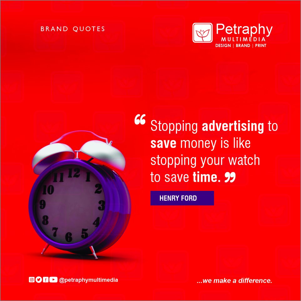 petraphy's tweet photo. Stopping advertising to save money is like stopping your watch to save time-Henry Ford.

This week, let's take your brand to the next level.

Petraphy Multimedia
Design| Brand | Web Services | Print

+2347087882439, +2349087017831
#ad #Amazon #branding #brandquotes https://t.co/mz00GrHge3