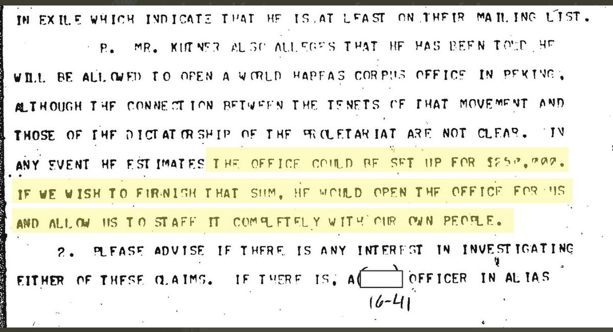 AlanRMacLeod's tweet photo. An official CIA document from 1973 in which Amnesty International founder Luis Kutner petitioned the CIA for $250k to set up an NGO in Beijing. In return he'd let the agency "staff it completely with our own people."

https://t.co/8DMc8t4h3Y https://t.co/wVQOPPZcYA