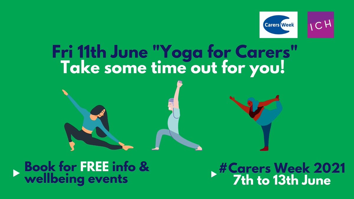Why not use this #CarersWeek (7-13 June) as the start of planning some time out for you.  Choose from FREE sessions: Day 1: Selfcare &amp; hand massage, Day 3: Movement &amp; Dance and Day 5: Yoga session &amp; a Virtual Cuppa session! More info &amp; to book: bit.ly/3uUIqAJ