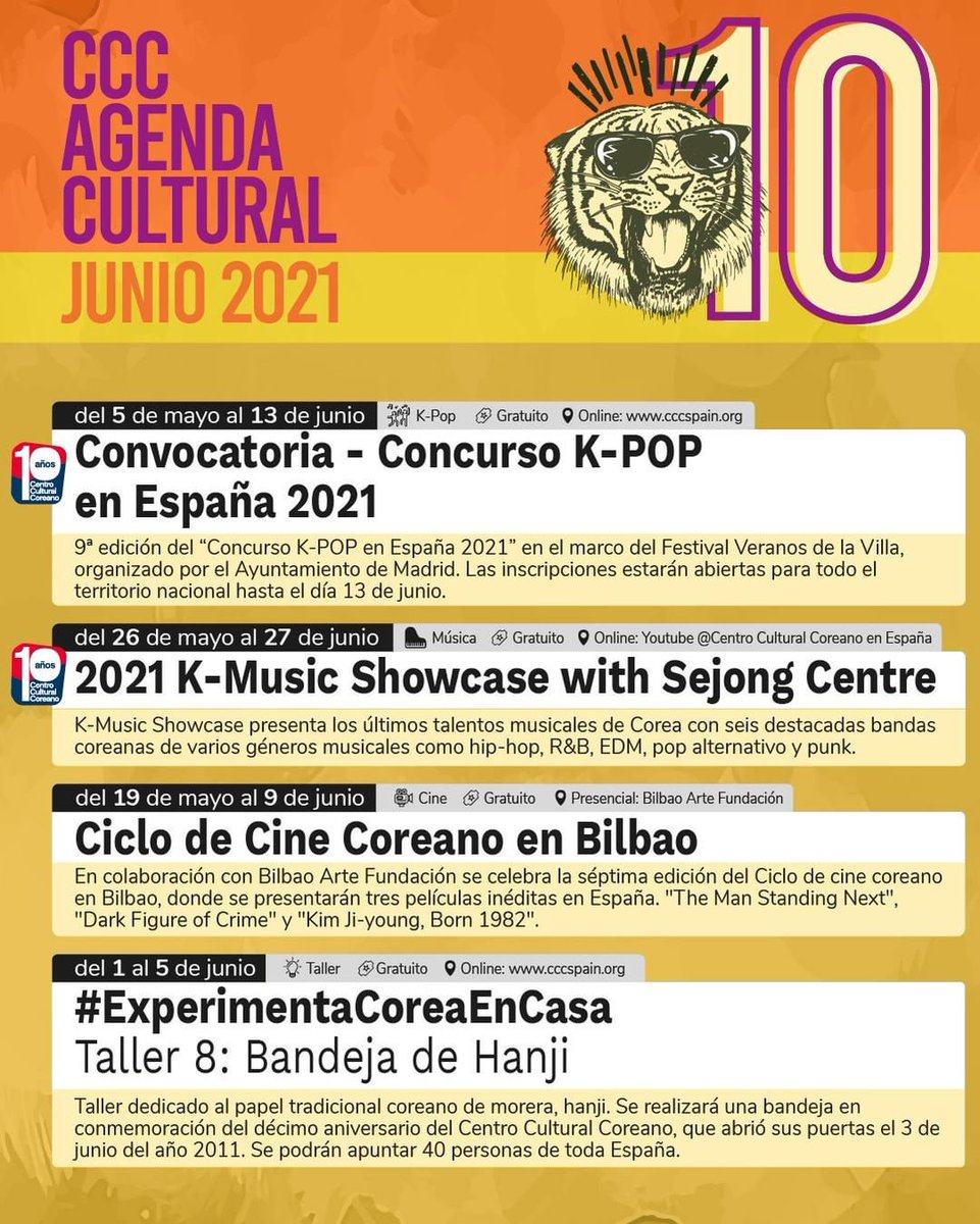 CCCspain's tweet photo. ¡Presentamos nuestra agenda cultural de #JUNIO✨!
+info: https://t.co/f98t7vQH9N
#10moaniversarioCCC #cccspain #centroculturalcoreano #ccc2021 #culturacoreana https://t.co/iLhSk4bBJa