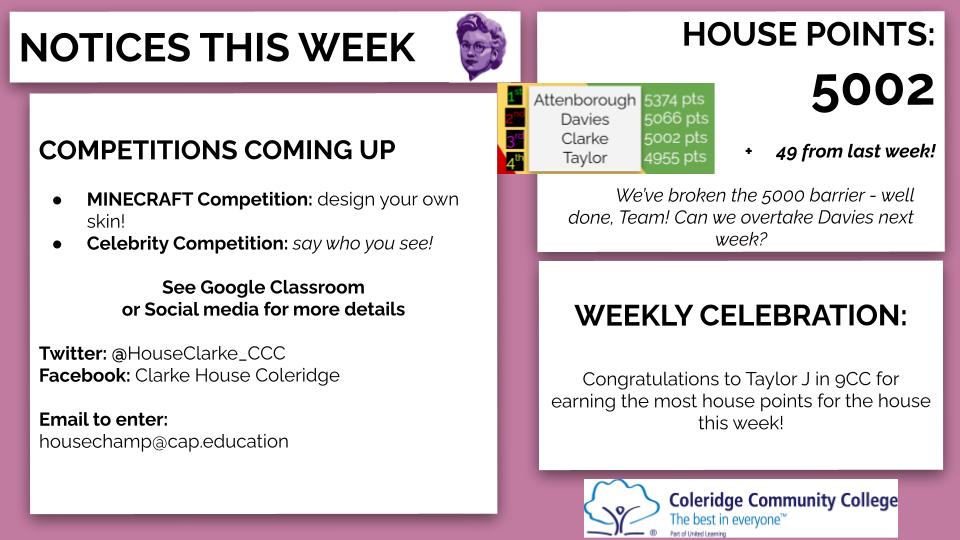 HouseClarke_CCC's tweet photo. Well done to all the members of Clarke House who have earned us some house points this year - we broke the 5000 barrier this week! Let's keep it going! https://t.co/8BAvbrmTjR