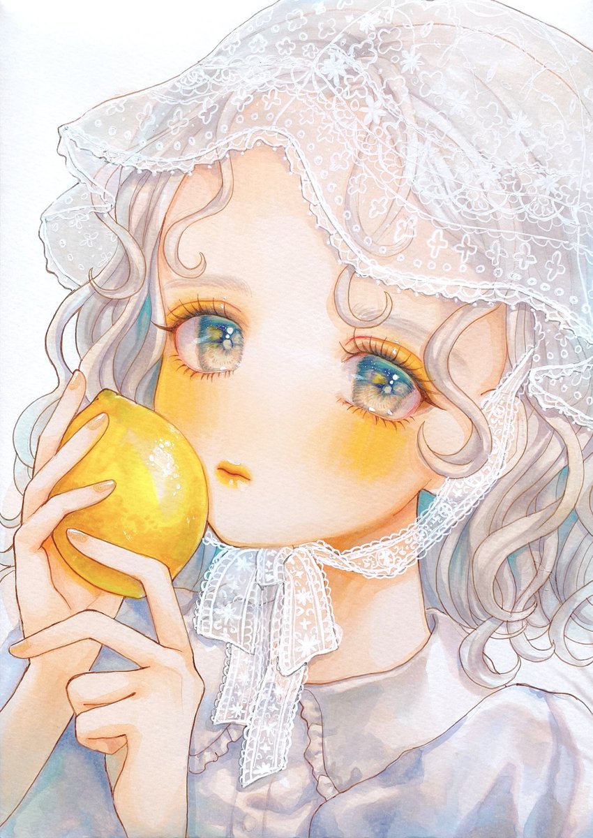 1girl solo holding food fruit white background holding fruit  illustration images