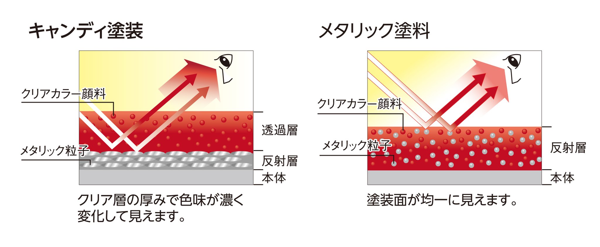 Gsiクレオス ホビー部 キャンディ塗装とメタリック色の見え方の違いです キャンディはメタリック層とクリアー カラー層の2層ですが メタリック塗料は混在した1層なので仕上がりが違ってきます ちなみにメタリック塗料は乾燥の早いラピッドうすめ液で塗装