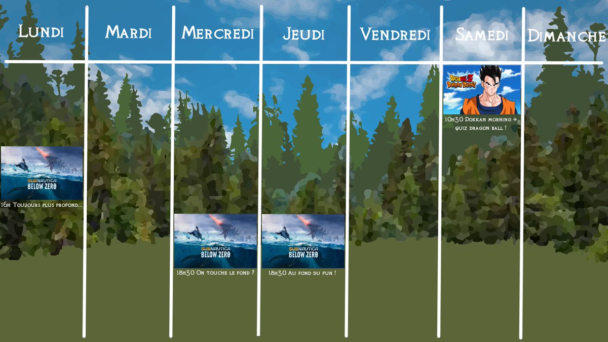 Hey ! Voici le planning des lives de la semaine ! Comment ça j'aime un peu trop subnautica ? Noooonnn !  😅 #SubnauticaBelowZero 
twitch.tv/erendis_noobga…
<a href="/roman_joueurs/">Le roman des joueurs_OFFICIEL</a>
 <a href="/French_Retweet/">Communauté Francophone 🇨🇵</a>
 <a href="/RT4French/">FrenchRT</a>