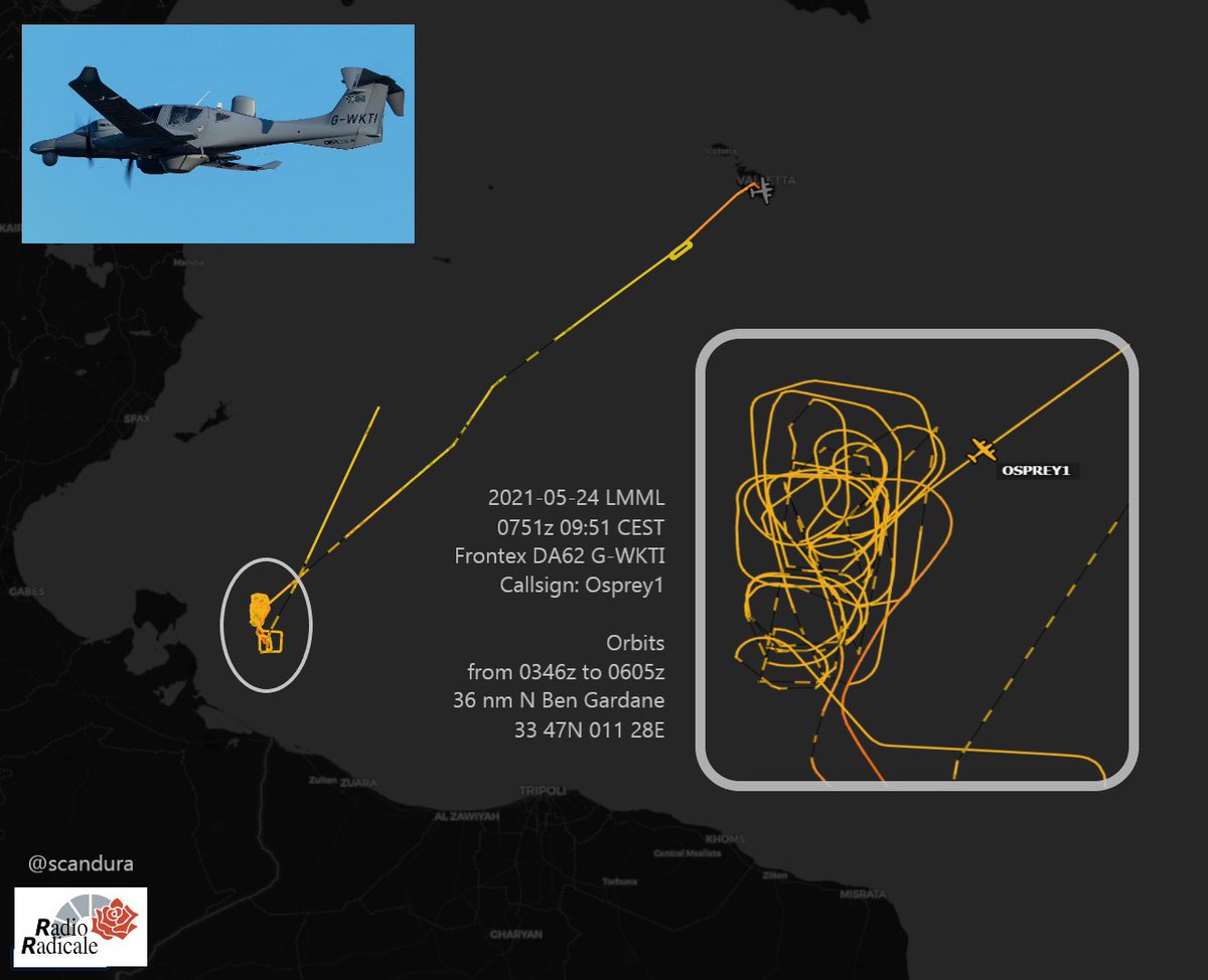 scandura's tweet photo. #migranti Update/5 via Radio Radicale 24 mag 12:46
🔴 Naufraghi ancora lì da ieri
Missione notturna🌙 con molte orbite sul gommone per un altro velivolo Frontex,🛩️#Osprey1, tornato stamane a Malta
I mercantili 🚢#SeaLoyalty🇲🇹 🚢#FirstBrother🇲🇹 restano ancora in ombreggiamento https://t.co/xzuJrqZCgL