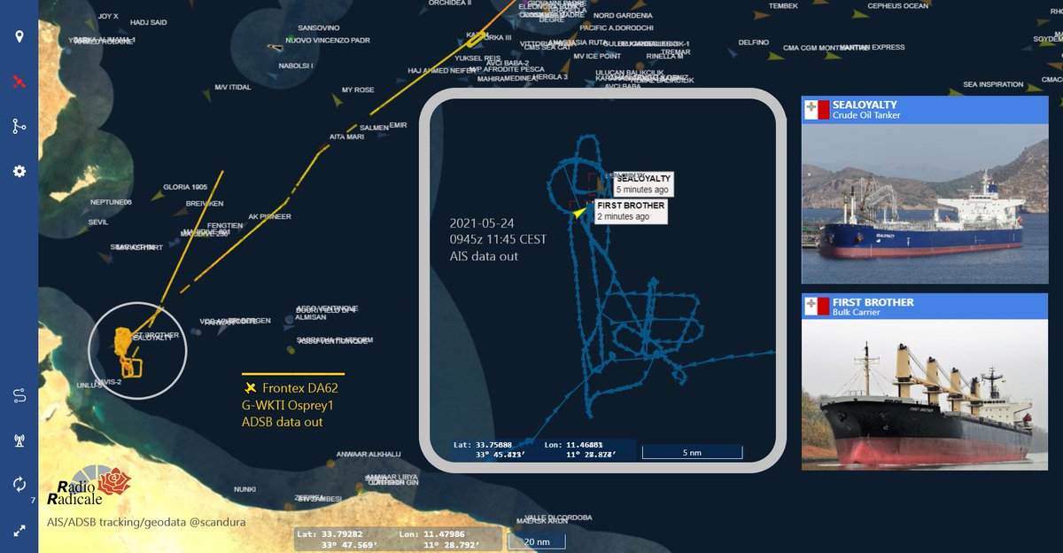 scandura's tweet photo. #migranti Update/5 via Radio Radicale 24 mag 12:46
🔴 Naufraghi ancora lì da ieri
Missione notturna🌙 con molte orbite sul gommone per un altro velivolo Frontex,🛩️#Osprey1, tornato stamane a Malta
I mercantili 🚢#SeaLoyalty🇲🇹 🚢#FirstBrother🇲🇹 restano ancora in ombreggiamento https://t.co/xzuJrqZCgL